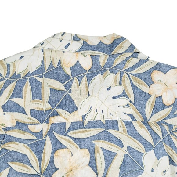 OP Ocean Pacific Hawaiian Short Sleeve Button Up Shirt Mens L Floral Blue Peach - Picture 9 of 10